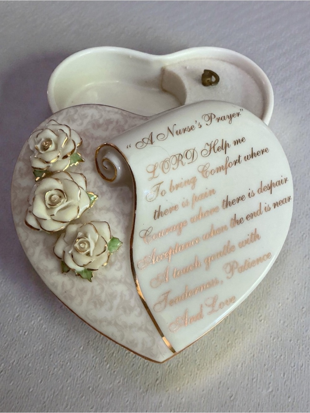 Heart-Shaped Porcelain Trinket Music Box with Roses - A Nurse’s Prayer